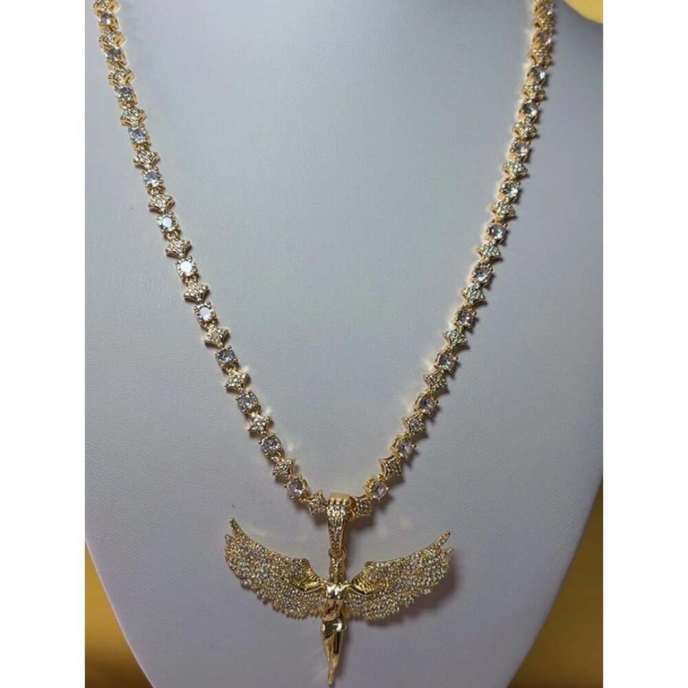 Gold Tennis Star & Angel Pendant Necklace – 20 Inch